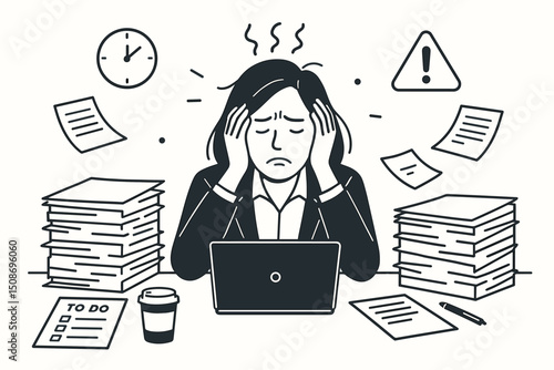 Overwhelmed stressed businesswoman at office desk. Workplace burnout mental health pressure. Professional exhaustion overwork deadlines. Female employee headache fatigue