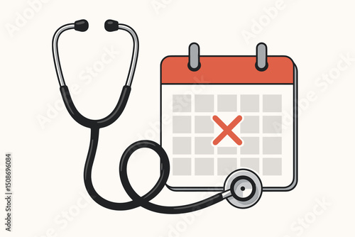 Medical appointment cancelled reminder concept. Healthcare stethoscope calendar scheduling. Doctor visit missed appointment notification symbol. Healthcare planning schedule management reminder
