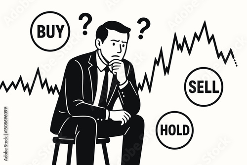 Investor businessman confused decision making buy sell hold trading. Stock market dilemma financial choice strategy uncertainty. Investment volatility chart analysis thinking