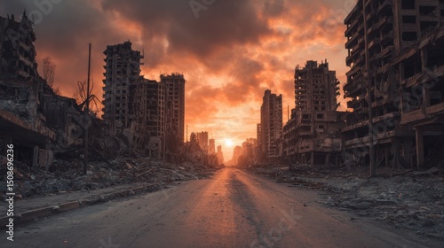 Fototapeta Naklejka Na Ścianę i Meble -  A stunning image of empty street of burnt up city. Apocalyptic view of city downtown as disaster film poster concept. City destroyed by war.