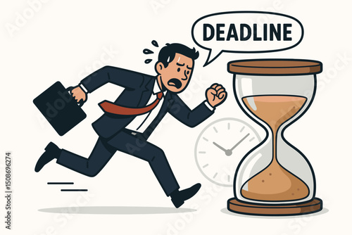 Stressed businessman racing against time deadline pressure panic concept. Business man running briefcase urgent schedule rush worry. Time management stress hourglass clock