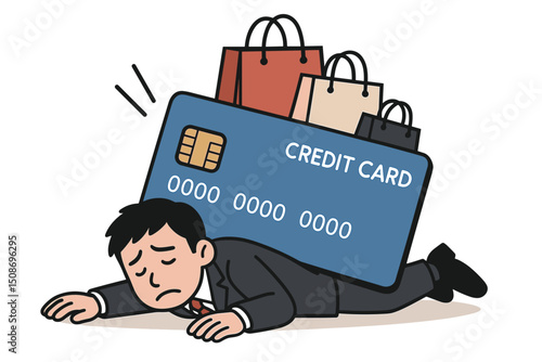 Overwhelmed businessman crushed by credit card debt burden. Financial stress concept. Shopping addiction overspending. Consumer debt crisis pressure. Money troubles bankruptcy