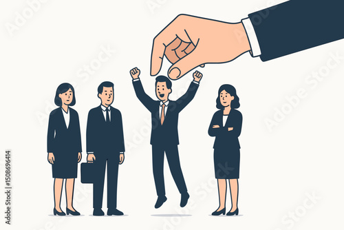 Giant hand selecting talented businessman from candidate group. HR human resources talent acquisition recruitment process. Business hiring employee selection success. Corporate concept.
