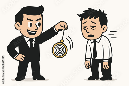 Business hypnosis mind control manipulation. Corporate power influence. Psychology persuasion concept. Boss employee domination. Mental control brainwashing. Hypnotic spiral pendulum vector