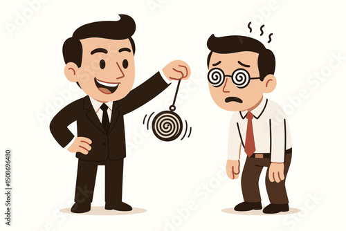 Business hypnosis mind control concept. Businessman using hypnotic pendulum spiral to manipulate colleague. Corporate manipulation psychology influence persuasion brainwashing