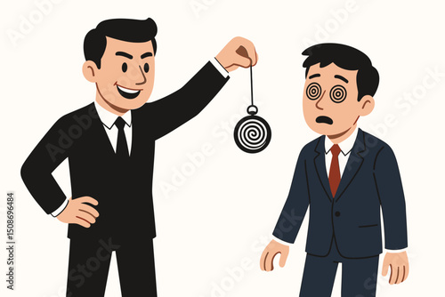Business hypnosis mind control manipulation concept. Businessman hypnotizing colleague with pendulum spiral eyes. Corporate influence persuasion psychology power leadership domination