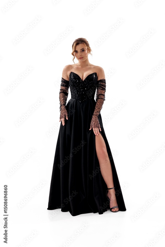 Elegant woman poses confidently in a stunning black evening gown with sparkling details and stylish gloves Elegant woman poses confidently in a stunning black evening gown with sparkling details and stylish gloves