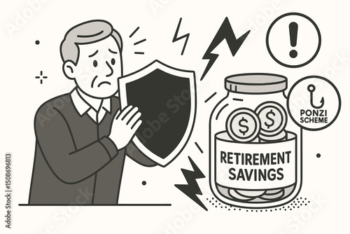 Retirement savings protection from Ponzi scheme fraud. Businessman shield defense against financial threats scams. Investment security money jar warning concept vector illustration