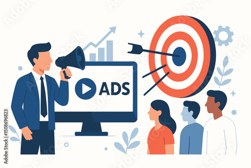 Targeted digital marketing advertising campaign concept. Businessman megaphone promotion ads computer target bullseye audience reach. Business strategy customer engagement vector