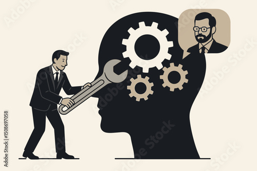 Mental gears repair mindset transformation business concept. Brain mechanics psychology cognitive enhancement. Mind engineering professional development coaching therapy maintenance optimization