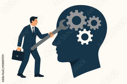 Businessman adjusting mind gears with wrench. Mental mechanics concept. Psychology transformation. Mindset change. Cognitive engineering. Brain repair metaphor. Business thinking optimization.