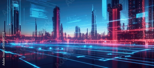 A digital oil and gas plant with light streaks representing data flow, highlighting the use of AI in strategic content creation for industry. 