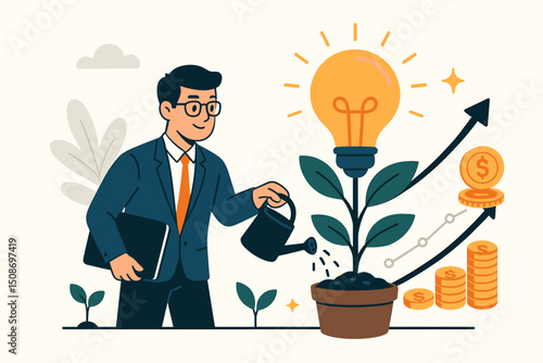Business growth concept. Entrepreneur watering idea lightbulb plant. Investment nurturing innovation startup. Money tree financial success. Creative businessman cultivating profit growth
