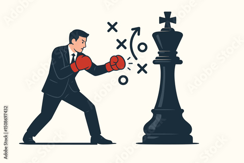 Strategic business battle metaphor vector. Businessman boxer punching giant chess king piece. Corporate competition tactics. Professional combat strategy. Victory challenge concept.
