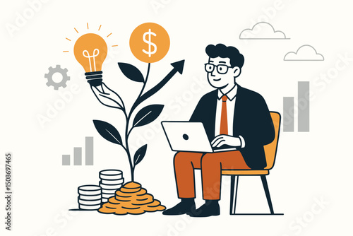 Money tree concept financial growth investment profit. Business entrepreneur innovation startup success. Lightbulb ideas digital revenue wealth building finance