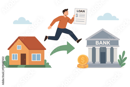 Businessman jumping with loan document from house to bank building. Mortgage refinance concept. Real estate finance application approval success. Property lending investment