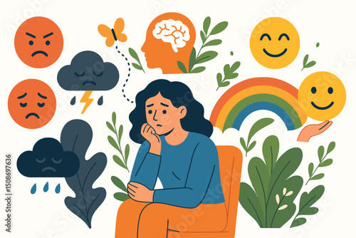 Mental health psychology concept woman emotional journey. Depression anxiety therapy to happiness wellness recovery. Bipolar mood disorder mind brain emotions healing