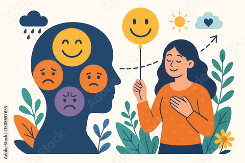 Mental health psychology emotional balance metaphor. Woman managing multiple mood states emotions. Therapy wellness mindfulness self-care happiness sadness anxiety bipolar wellbeing disorder