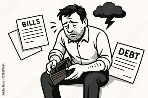 Financial crisis stress concept. Depressed man holding empty wallet surrounded bills debt documents. Bankruptcy anxiety worry depression. Dark storm cloud. Money problems despair