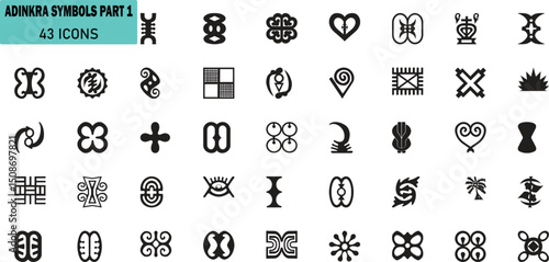 Adinkra Symbols Icons Set. Vector Tribal African Cultural and Traditional Emblems