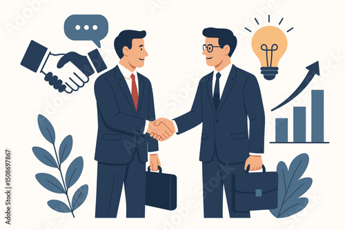 Business partnership handshake deal agreement success. Professional businessmen meeting cooperation collaboration. Innovation ideas growth chart communication concept vector illustration