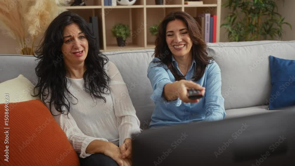 Two middle-aged women in a cozy living room share a playful moment, smiling while reaching for the television remote, surrounded by homey decor and cushions. Two middle-aged women in a cozy living room share a playful moment, smiling while reaching for the television remote, surrounded by homey decor and cushions.