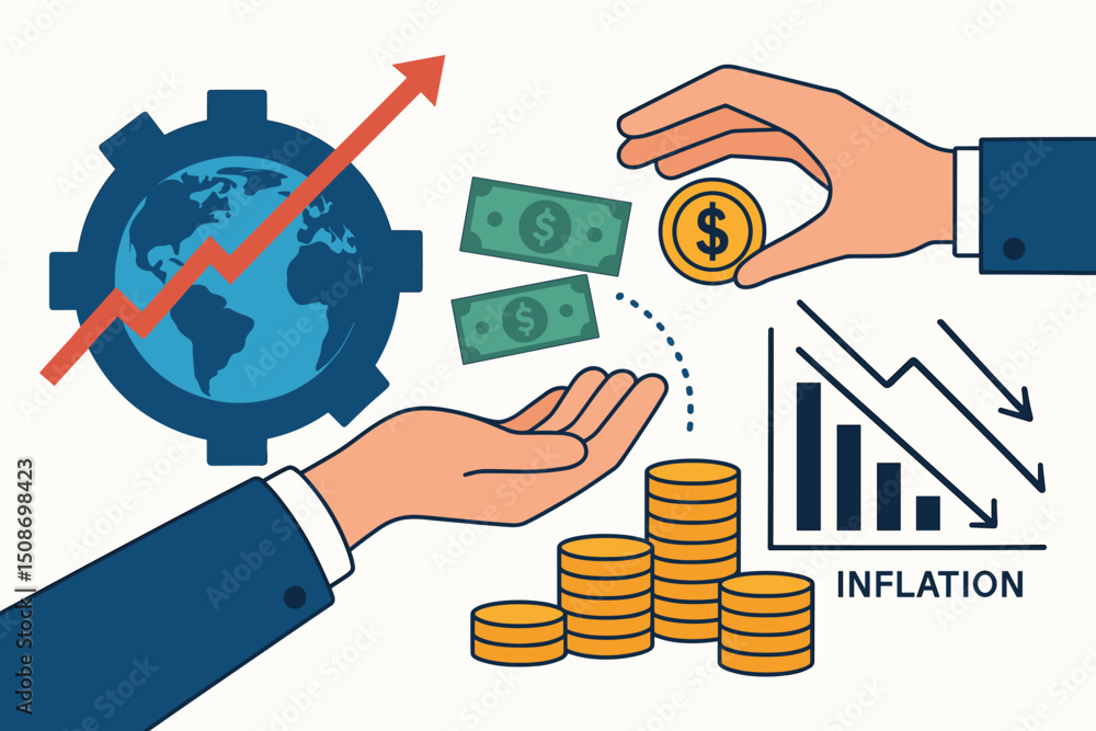 Global economy recovery concept. Business hands exchange dollar money bills coins. World economic growth inflation trends. Financial charts graphs indicators metaphor Global economy recovery concept. Business hands exchange dollar money bills coins. World economic growth inflation trends. Financial charts graphs indicators metaphor