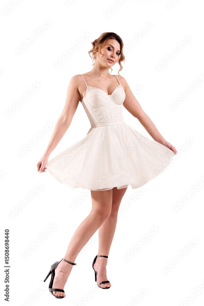 Elegant woman in white dress poses gracefully on a white background showcasing fashion and style flair Elegant woman in white dress poses gracefully on a white background showcasing fashion and style flair