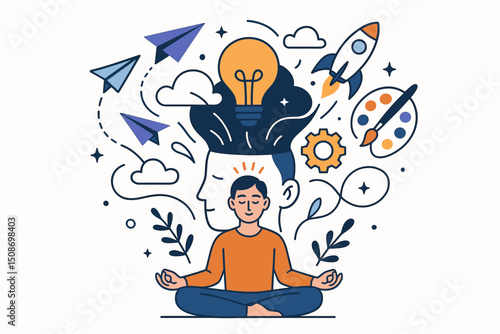 Mindful creativity concept meditation brainstorming ideas innovation lightbulb rocket startup business inspiration thoughtful person lotus position generating creative solutions mindfulness