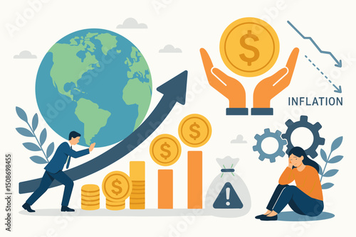 Global economic recovery growth concept. Business metaphor world economy inflation crisis financial protection. Businessman pushing earth arrow up. Money security dollar economic stress vector