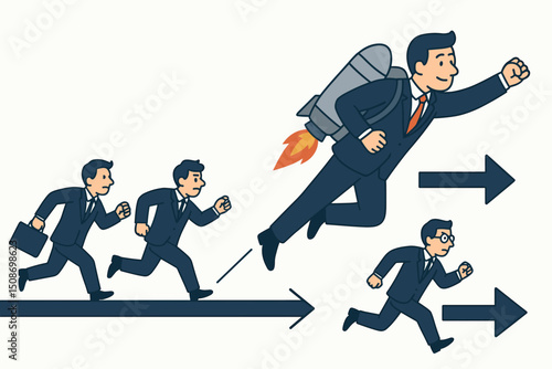 Business leader jetpack flying ahead competition innovation advantage. Businessman soaring above running team forward progress achievement startup entrepreneur concept