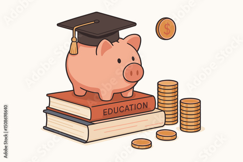 Piggy bank with graduation cap on books, symbolizing education savings, student loans, college fund investment, tuition fees, and financial planning for academic achievement. Future finance concept.
