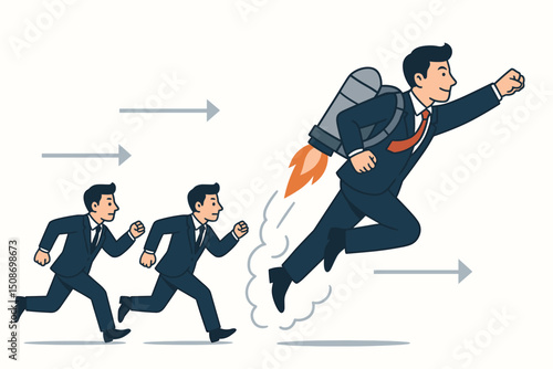Business leadership advantage concept rocket jetpack businessman flying ahead competitors running race success innovation technology startup acceleration boost