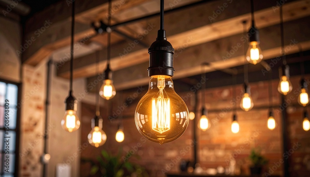 Obraz premium glowing Edison-style bulb hanging from ceiling in industrial setting