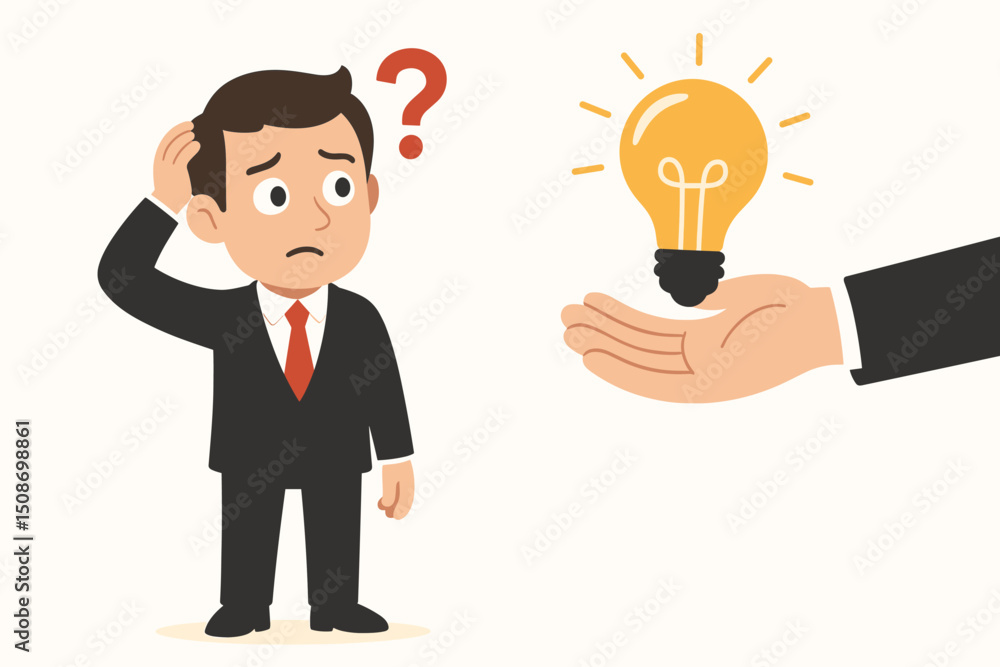 Problem solving concept. Confused businessman with question mark receiving bright lightbulb idea from helping hand. Business innovation, solution, creativity, support, guidance, teamwork. Problem solving concept. Confused businessman with question mark receiving bright lightbulb idea from helping hand. Business innovation, solution, creativity, support, guidance, teamwork.