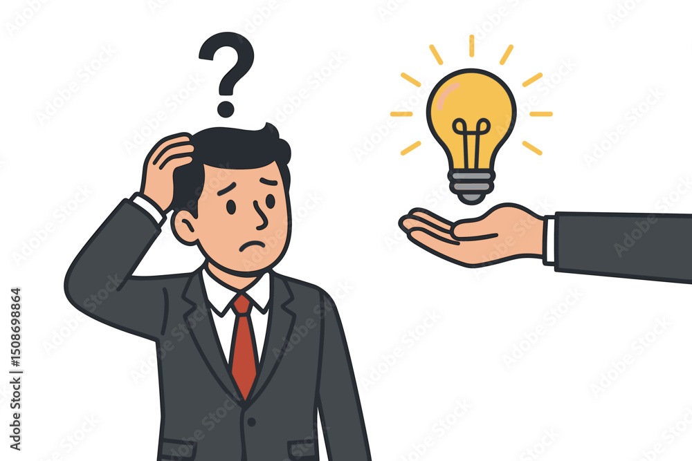 Confused businessman with question mark gets help, hand offers bright lightbulb idea as solution. Concept for problem-solving, innovation, support, creativity, business challenge, guidance. Confused businessman with question mark gets help, hand offers bright lightbulb idea as solution. Concept for problem-solving, innovation, support, creativity, business challenge, guidance.