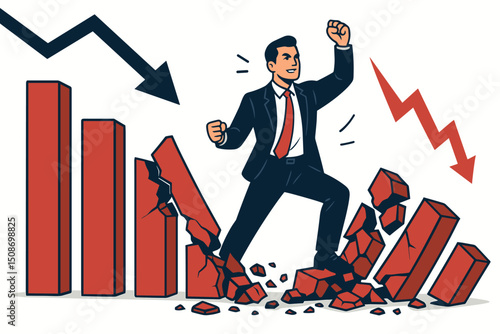 Triumph over adversity: Resilient businessman smashes declining financial graph. Overcoming crisis, economic recession, business challenge. Success, victory, stock market recovery concept.
