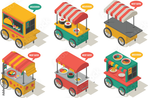 Isometric colorful food carts with tacos, sushi, street food, vibrant market stalls, delicious meals, outdoor food vendors, tasty snacks, urban cuisine