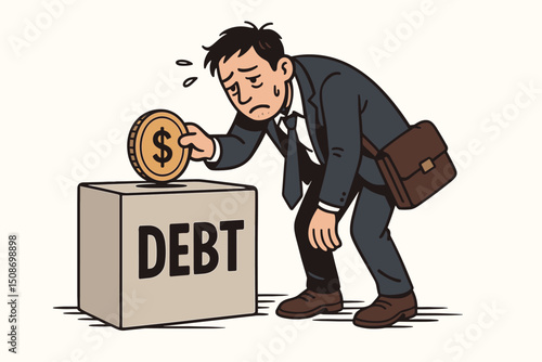 Financial struggle concept. Stressed businessman putting last coin into debt box. Economic crisis, bankruptcy, poverty, and loan payment burden. Money problems and financial distress vector.