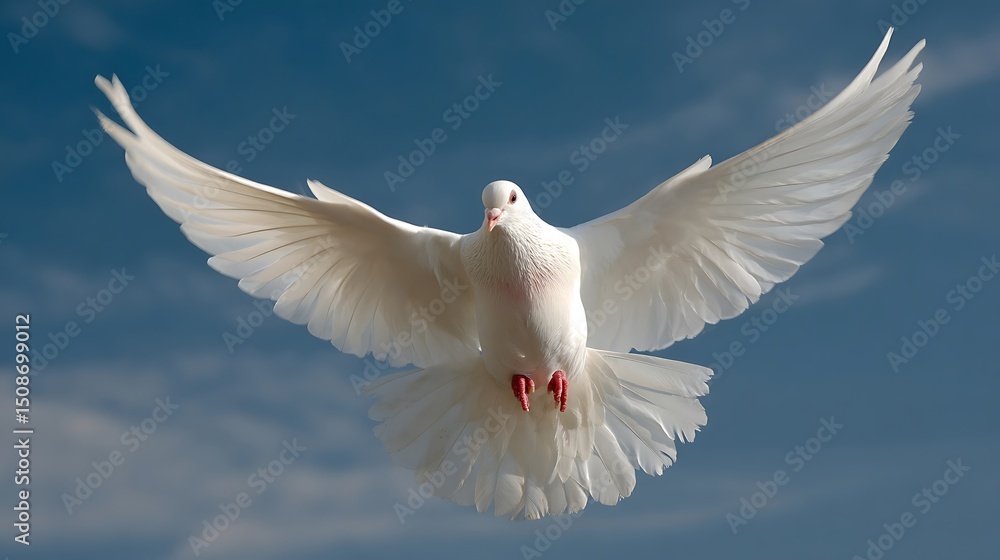 Obraz premium 정면에서 본 날개 펼친 흰 비둘기의 웅장한 순간 AI 생성