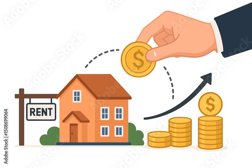 Investment property ROI concept. Real estate rental income, financial growth illustration. Hand investing coin in house, money stacks increasing. Property management, home mortgage, leasing asset.