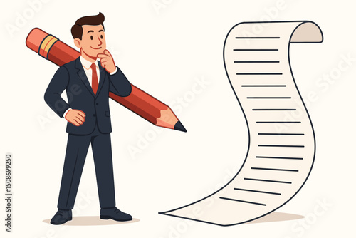 Businessman with Giant Pencil Planning Tasks Concept. Productivity, Task Management, Project Organization. Cartoon Character with Checklist, To-Do List, Effective Time Management, Office Workflow