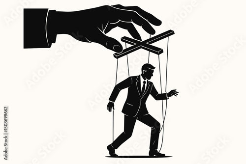 Manipulation control concept. Corporate puppet businessman on strings controlled by giant hand. Businessman marionette symbolizing lack of autonomy, workplace control, power, authority, dominance