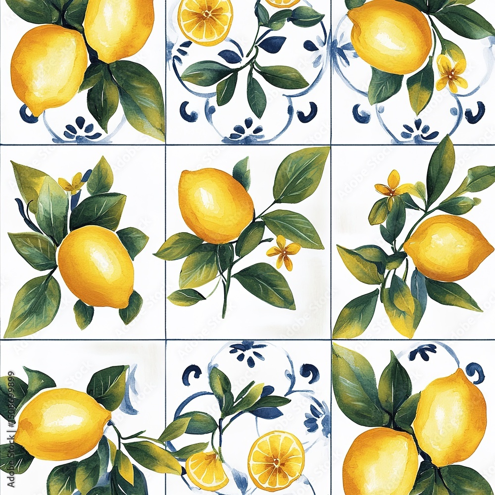 Obraz premium Watercolor Lemon Pattern On Tiles