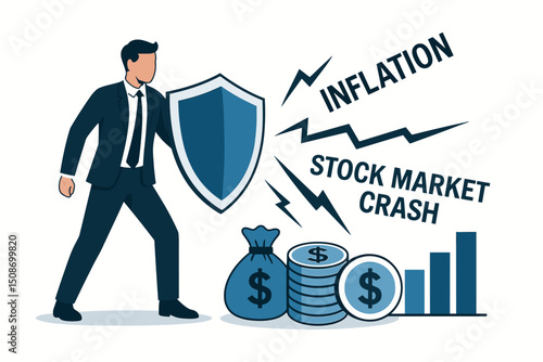Businessman shielding investment assets from inflation and stock market crash. Financial protection, risk management, economic crisis defense, money security, finance safeguard concept illustration