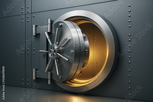 Open steel bank vault door with glowing golden light inside on dark background, symbolizing business security and financial protection concept.
