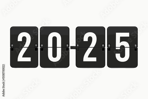 Modern flip clock countdown timer display showing year 2025, minimalist vector illustration, bold black and white mechanical digits, futuristic event deadline, new year concept design