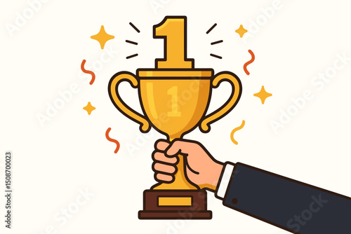 Number One Champion Trophy Award. Hand Holding Gold Cup. First Place Winner Celebration. Success Achievement, Victory Prize, Business Competition. Winning Symbol. Festive Confetti Background