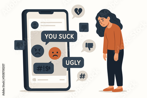 Cyberbullying concept. Sad young person victim of online harassment, hateful messages on smartphone. Social media abuse, digital shaming, mental health awareness. Internet trolling problem.