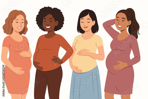 Joyful Expectant Mothers Embracing Pregnancy with Warm Smiles and Tender Care in Bright, Happy Atmosphere Vector Illustration